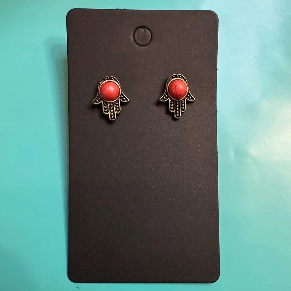 Red Stone Hamsa Hand Stud Earrings